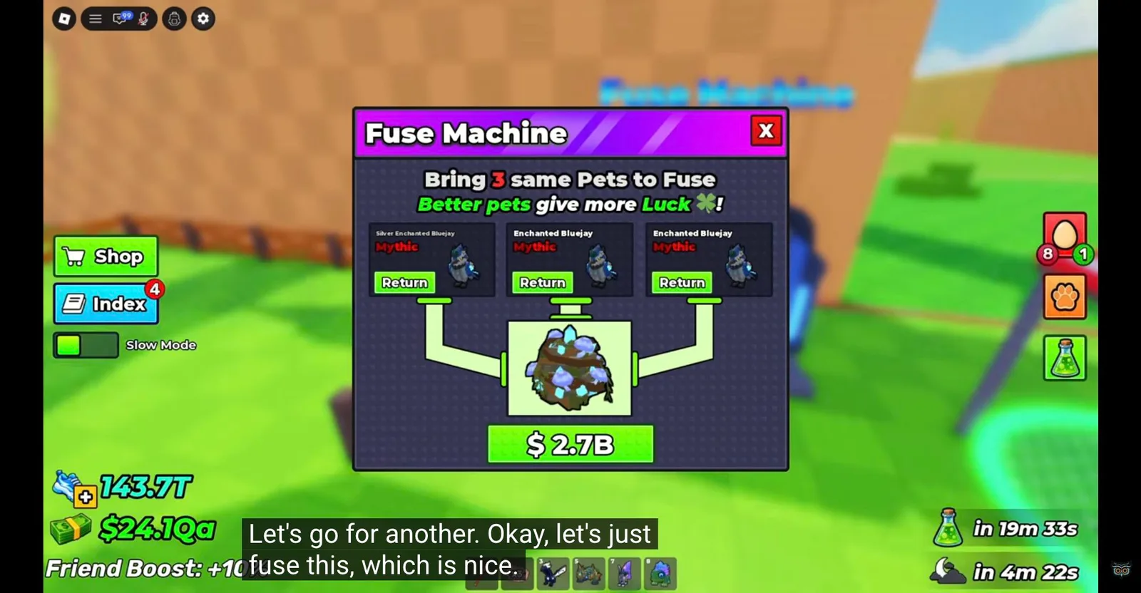Owlzo gameplay frame at 1:15: Use the base Fuse Machine