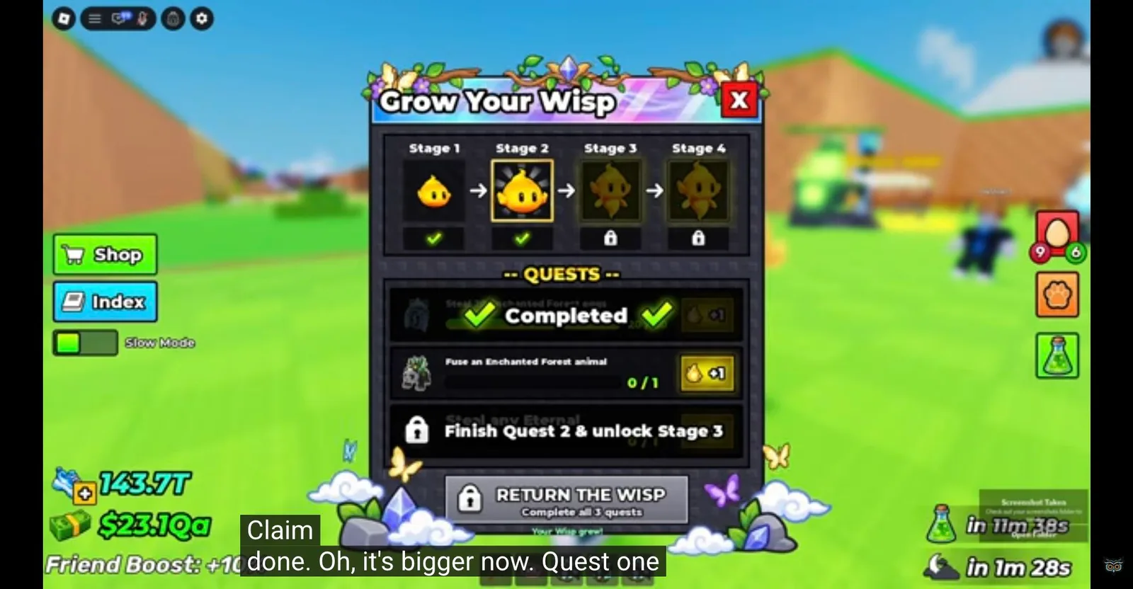 Owlzo gameplay frame at 0:36: Read the egg objective and claim progress